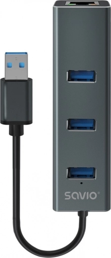 Savio USB-A 3.1 Gen 1 huba ar 3 portiem un RJ-45 gigabita Ethernet adapteri