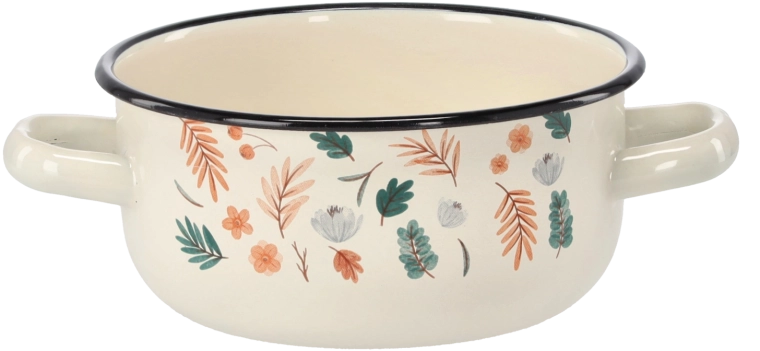 Enamel saucepan with two handles 1.5 l, 16 cm, cream, leaf motif