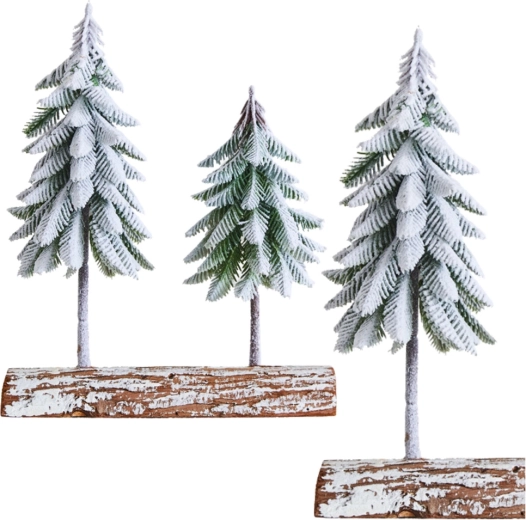 Dekoratīva Ziemassvētku kompozīcija ar apsnigušiem kociņiem uz koka pamatnes 34 × 28 cm
