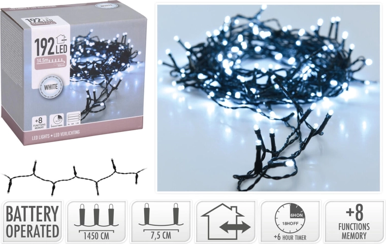 Ziemassvētku LED virtene 14,5 m, 192 diodes, auksti balta, 8 režīmi ar taimeri, IP44