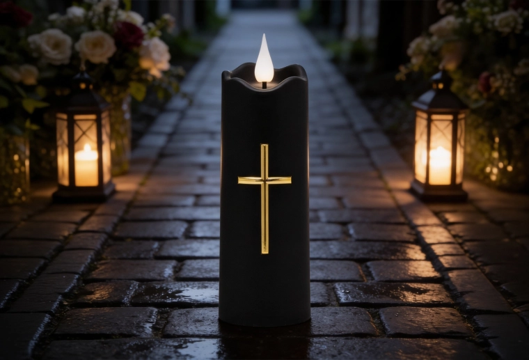 LED svece 5 × 15,5 cm melna ar zeltītu krustu