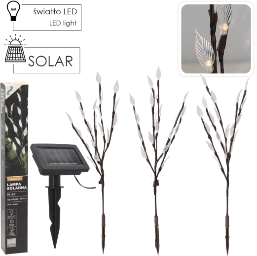 Saules dārza lampa 60 cm ar 3 zariņiem, 60 LED silti balta
