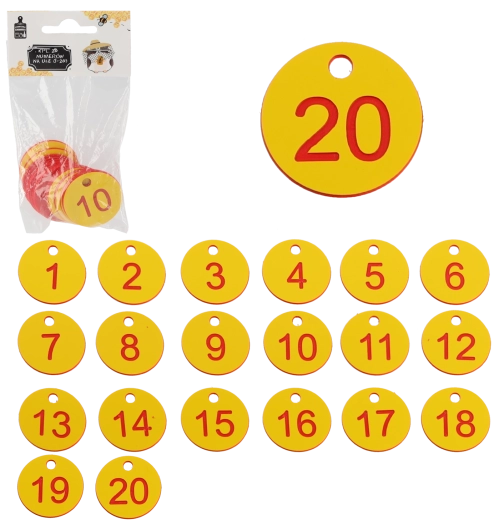 Stropu numuru komplekts 1–20, plastmasas žetoni ar caurumu, 3,5 cm
