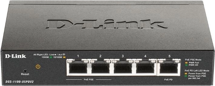 D-Link DGS–1100–05PD V2 viedais 5 portu gigabitu slēdzis (2x PoE)