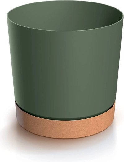 Puķu pods ar paliktni TUBO ECO Wood 10,8 cm tumši zaļš