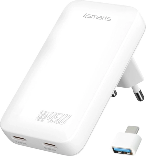 Tīkla lādētājs 4smarts FlatPlug Dual 45 W GaN, 2× USB‑C, balts