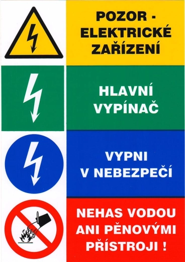 Drošības uzlīme – uzmanību: elektriskā iekārta, galvenais slēdzis, bīstamības gadījumā izslēdz, nedzēs ar ūdeni vai putu aparātiem 148 × 210 mm