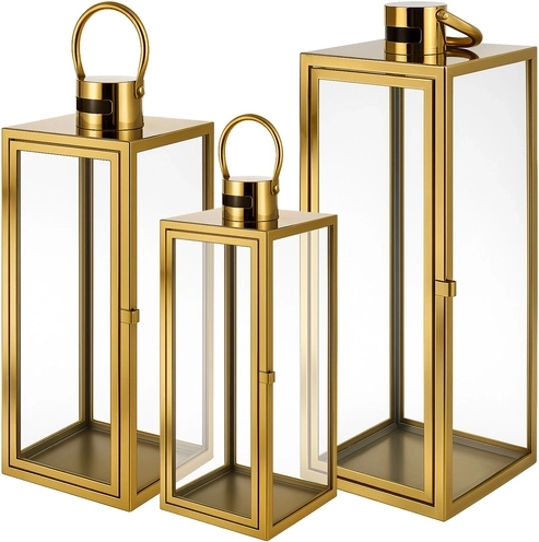 Gold glass lanterns Ruhhy set of 3 pcs (63/49/38 cm)