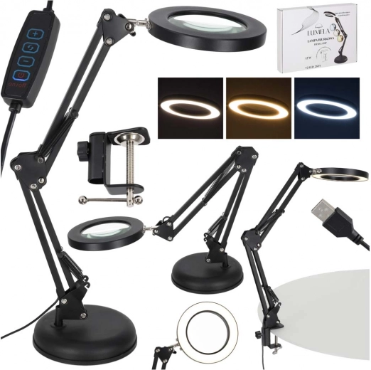 Galda LED lampa ar lupu un regulējamu statīvu, 2 stiprināšanas iespējas