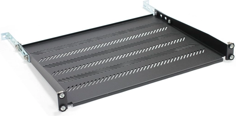 Regulējams perforēts plaukts 19" rackam 1U, 483 × 350 mm, melns