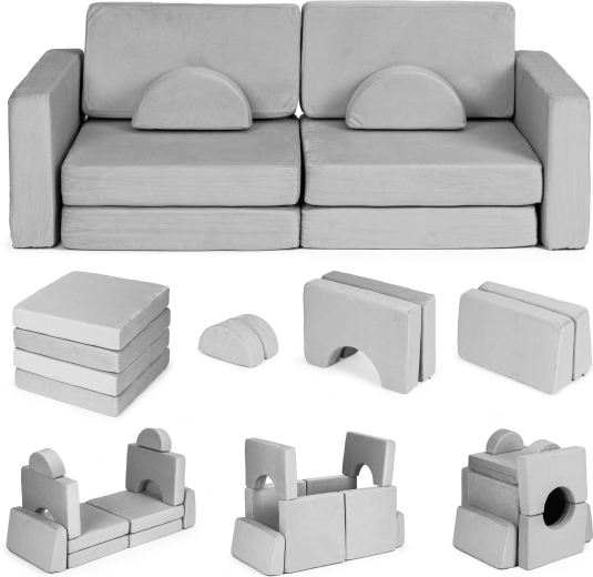 Folding Modular Children’s Sofa for 2 Kids, 10 Cushions ECOTOYS – gray