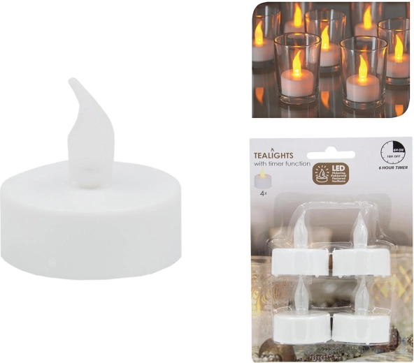LED tējas svecīšu komplekts ar taimeri, balts, diametrs 3,5 cm (4 gab.)