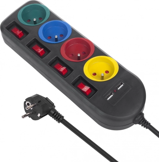 Kontaktligzdas sadalītājs ar slēdžiem: 4 ligzdas + 2×USB, melns