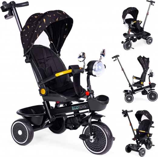 Bērnu trīsritenis ar 360° grozāmu sēdekli, vecāku stumjamo rokturi un jumtiņu, melns, ECOTOYS