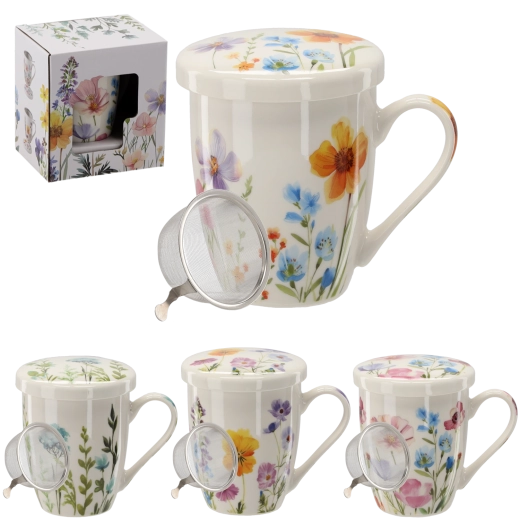 Porcelāna krūze ar nerūsējošā tērauda sietiņu un vāciņu 340 ml – ziedu motīvs