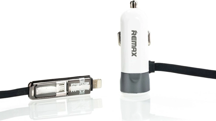 Remax car charger 3.4 A with built-in Lightning and micro USB cable, gray