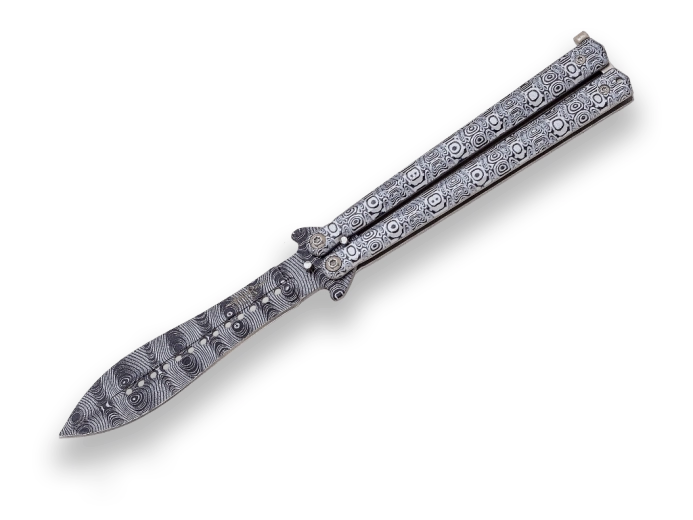 Joker Butterfly kabatas nazis “tauriņš” (balisong) 11 cm ar alumīnija rokturi un damaska rakstu