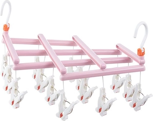 Folding clothes drying rack with pegs, 14 pegs, pink
