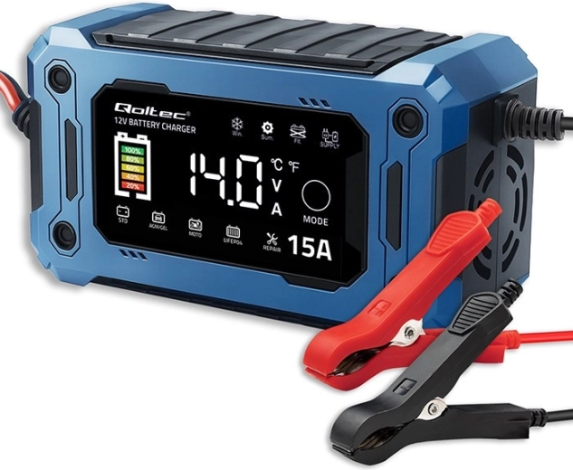 Mikroprocesoru lādētājs 12 V 15 A ar remonta un uzturēšanas režīmiem, LCD, AGM, GEL un LiFePO4