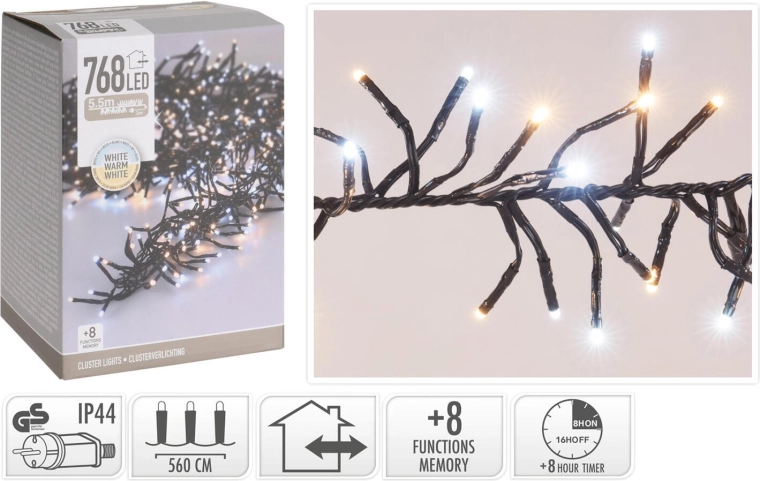 Christmas LED light string 5.6 m, 768 LEDs, warm white, 8 functions, IP44, with timer - 1 piece