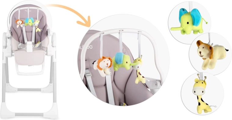 Safety and fun: 5-point harness + toy bar with toys