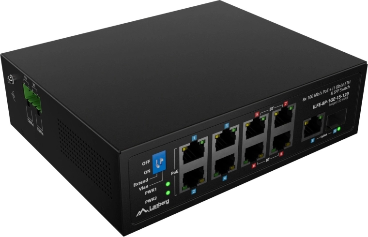 Lanberg vieglais industriālais PoE slēdzis ILFE-8P-1GE-1S-120 uz DIN sliedes