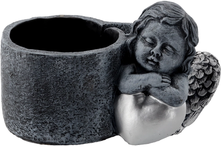 Cementa kapu puķupods ar eņģelīti, tumši pelēki sudrabains, 24,5 × 14 × 15 cm