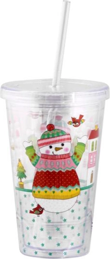 Plastic cup with straw 460 ml – Christmas snowman/penguin