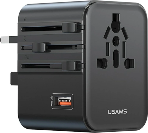 USAMS ceļojumu adapteris un lādētājs 25 W 4 vienā (US/AU/EU/UK), melns
