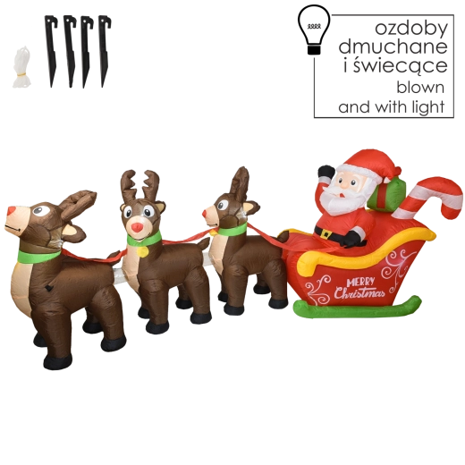 Piepūšams Santa kamanās ar briežiem ar LED apgaismojumu - 1 gab.