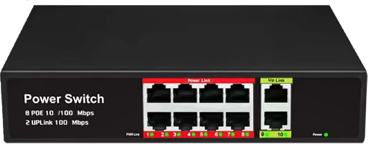 RENEW FORCE PoE switch with 8 PoE ports and 2 uplink ports
