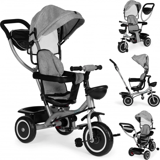 Bērnu trīsritenis-ratiņi 2v1 ar grozāmu sēdekli un salokāmu jumtiņu, pelēks ECOTOYS