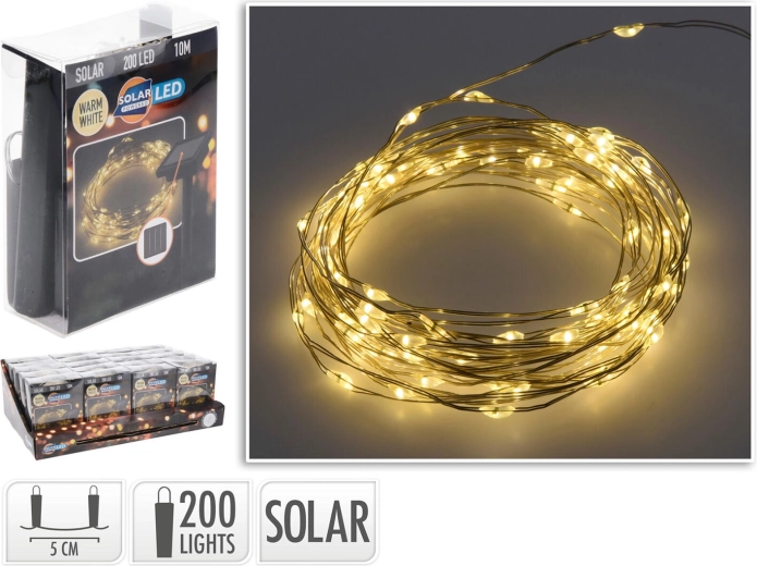 Saules enerģijas Ziemassvētku LED virtene 10 m, 200 diodes, silti balta