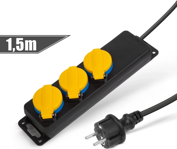 Outdoor extension lead with covers, 1.5 m, 3 sockets 230 V, IP44