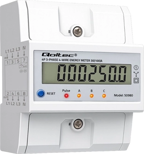 Trīsfāžu DIN sliedes elektroenerģijas skaitītājs ar LCD un atiestatīšanu, 400 V, 100 A, 4 vadu