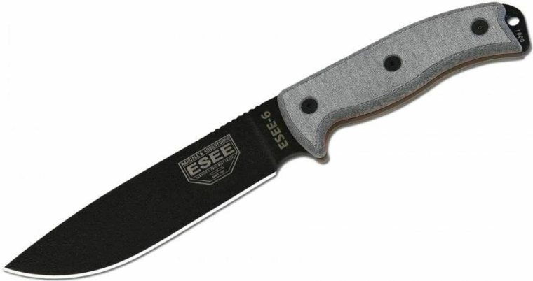 Universāls nazis ESEE 6P ar gludu asmeni, melns/pelēks, Micarta, maksts