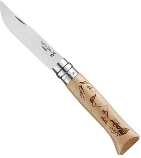 Opinel No.08 pocket knife with beech handle, mountaineering motif, 8.5 cm