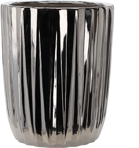 Ceramic flowerpot cover, silver, striped, 39.5 × 39.5 × 48.5 cm