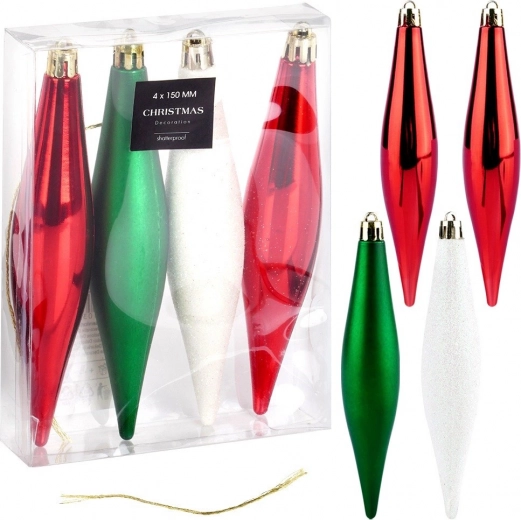 Shatterproof Christmas Ornaments – Teardrops in Red, Green and White, 15 cm, Set of 4