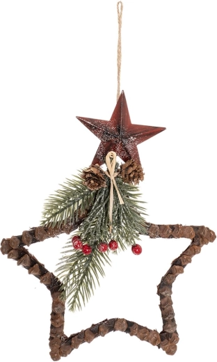Hanging star decoration with pine motif, brown