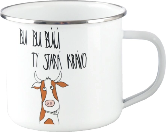 Balta emaljēta skārda krūzīte “Bu, bu…” 500 ml