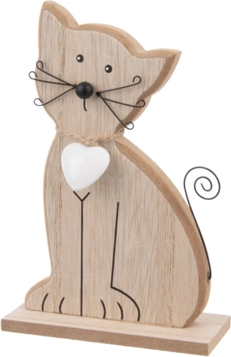 Wooden decoration Cat with heart, brown, 15 cm