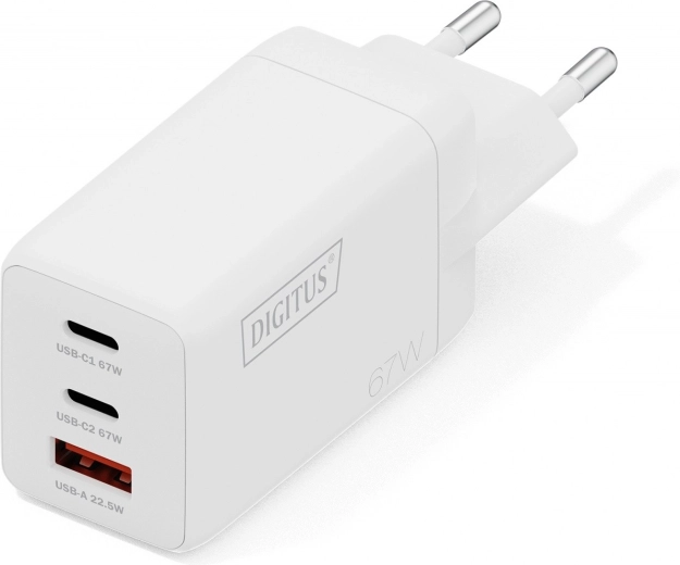 USB GaN 67 W tīkla lādētājs, 2× USB‑C un 1× USB‑A, balts