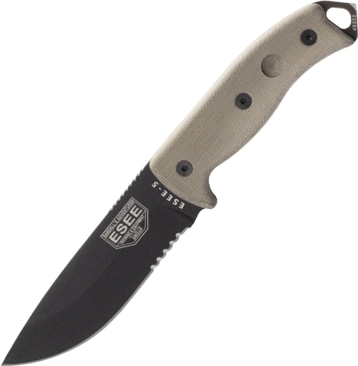 ESEE 5 ar zobainu asmeni, melna lāpstiņa, micarta rokturis, Kydex maksts