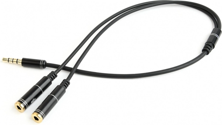 Audio adapteris 3,5 mm 4 kontaktu uz 2× 3,5 mm (austiņas + mikrofons), 0,2 m