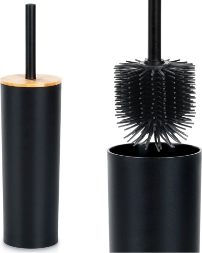 Toilet brush with stand, black metal and bamboo, 36.5 cm