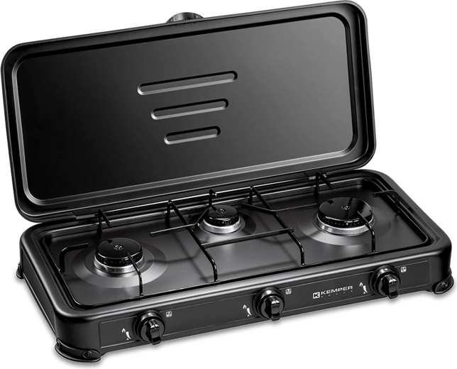 Two-burner LPG stove with lid, black - 1 piece