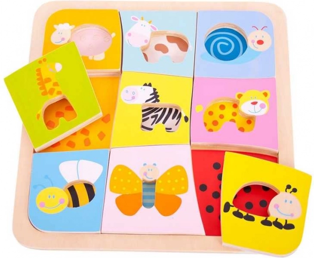Koka ieliekamā puzle – 9 dzīvnieciņi BIGJIGS TOYS