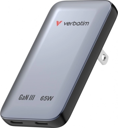 Verbatim Essentials Slim GaN tīkla lādētājs 65 W ar 2× USB‑C (US/UK/EU) pelēks