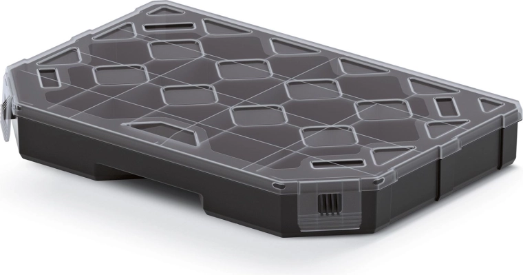Organizators ar nodalījumiem 284 × 195 × 40 mm, melns ar caurspīdīgu vāku